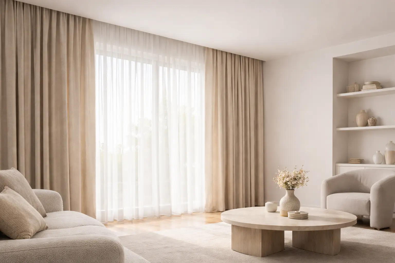 Elegant made-to-measure beige curtains in a modern UAE living room