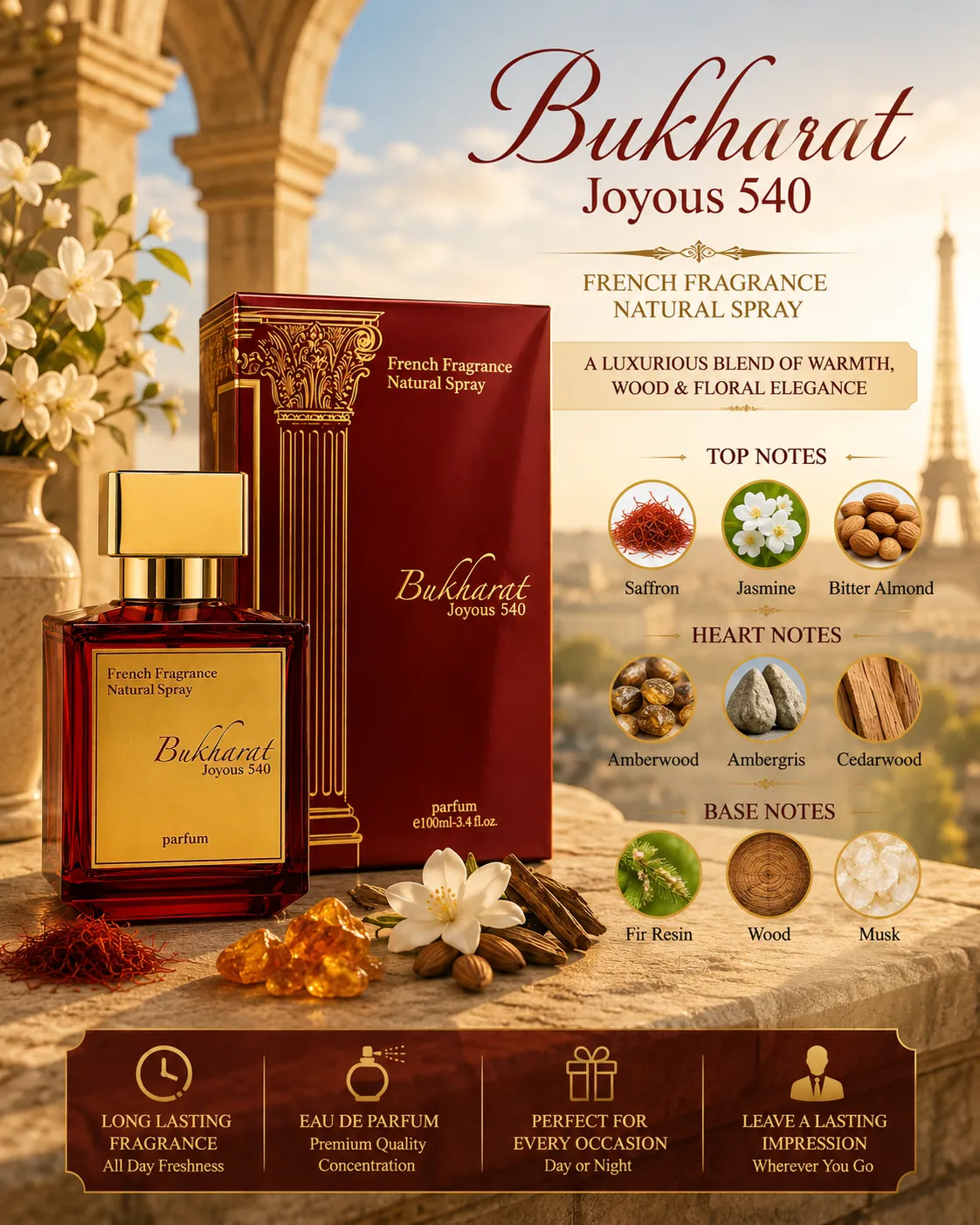 Joyous French Fragrance Bukharat Rouge 540 Eau De Parfum 100ml Natural Spray for Men & Women - Image 2