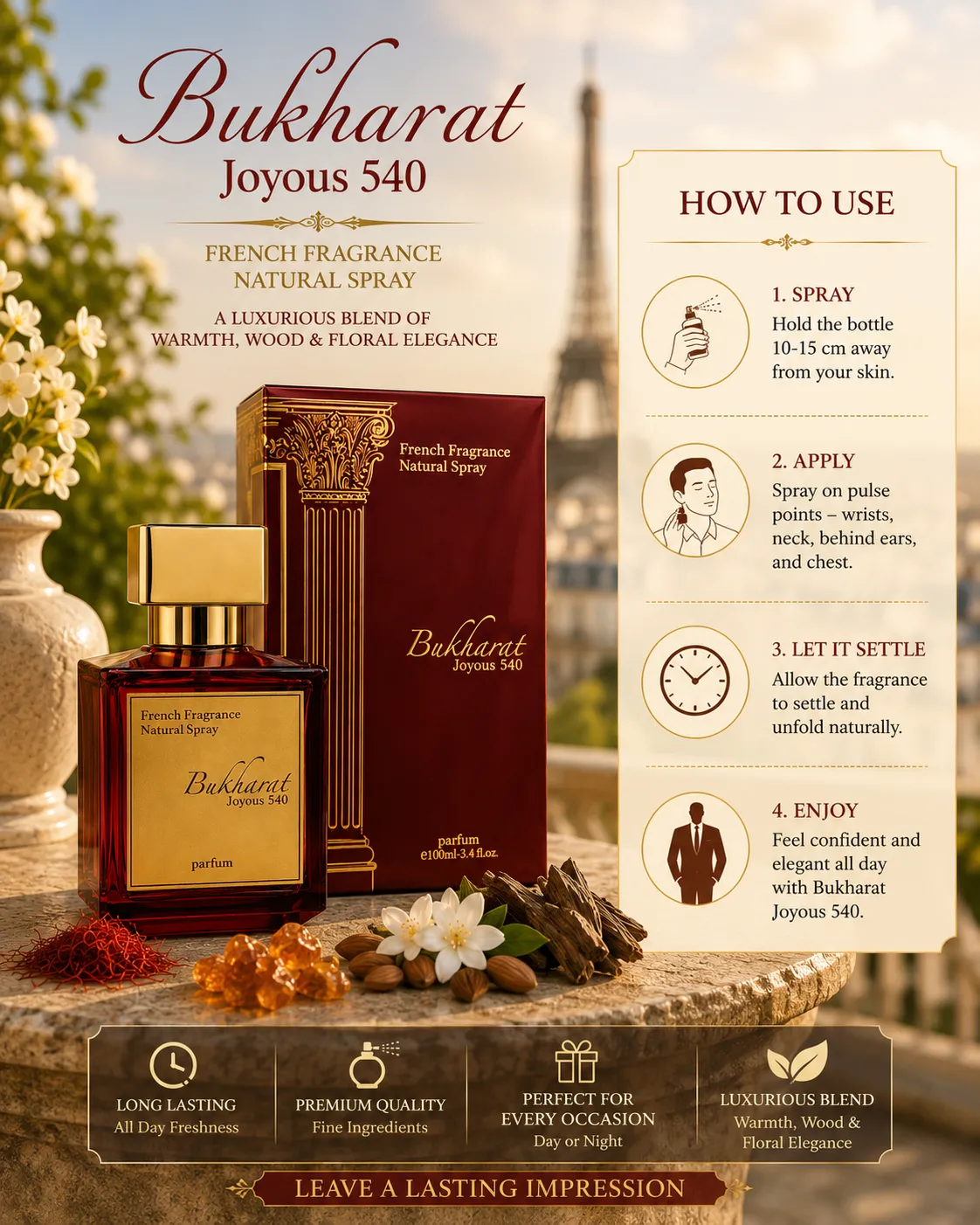 Joyous French Fragrance Bukharat Rouge 540 Eau De Parfum 100ml Natural Spray for Men & Women - Image 3