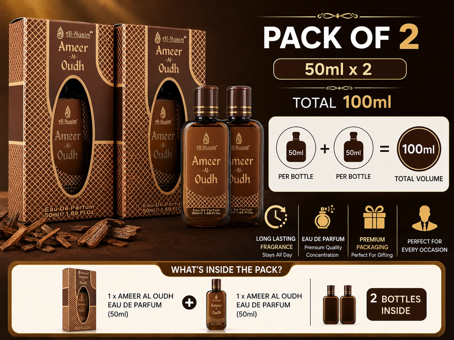 Al-Nuaim Ameer Al Oudh Eau de Parfum for Men & Women, Pack of 2 x 50ml – Long-Lasting Oriental Woody Oud Fragrance - Image 3