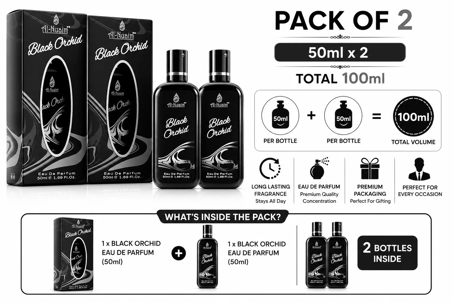 Al-Nuaim Black Orchid Eau de Parfum for Men & Women, Pack of 2 x 50ml – Long-Lasting Oriental Floral Woody Fragrance - Image 2