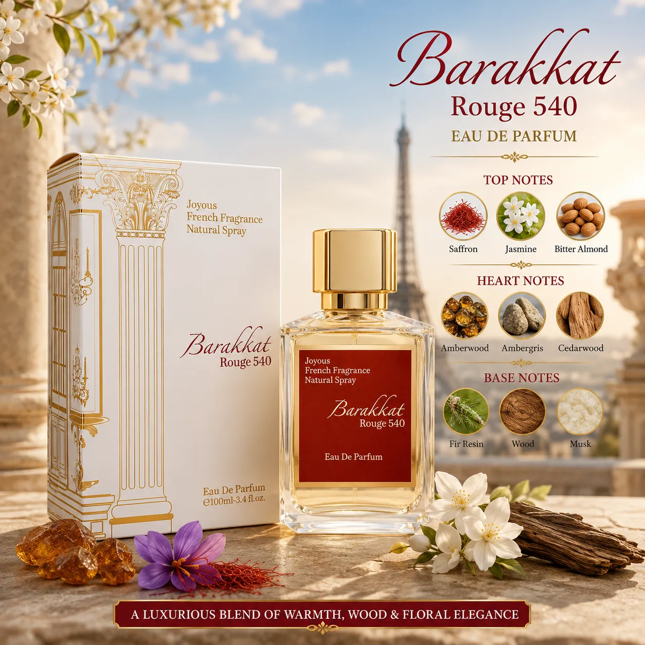 Barakkat Rouge 540 Eau De Parfum 100ml Joyous French Fragrance Natural Spray for Men & Women - Image 2