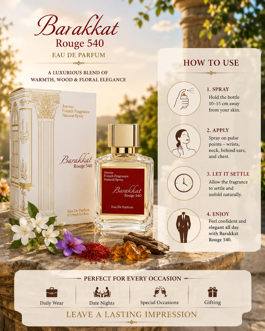 Barakkat Rouge 540 Eau De Parfum 100ml Joyous French Fragrance Natural Spray for Men & Women - Image 3